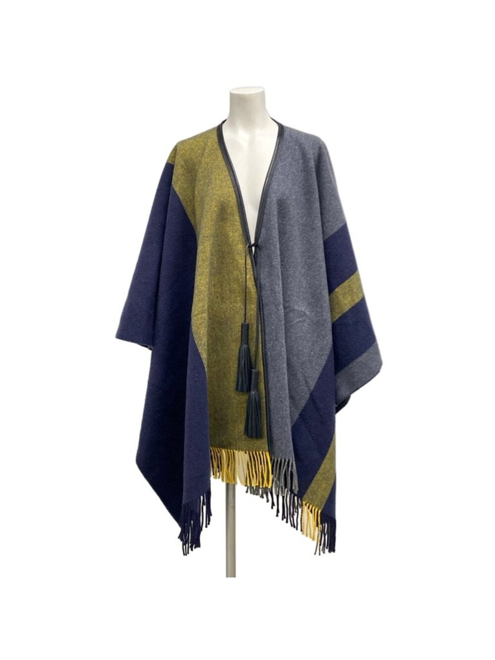 Hermes Poncho Dark Navy Yellow Black Striped Tassel Wool Cashmere